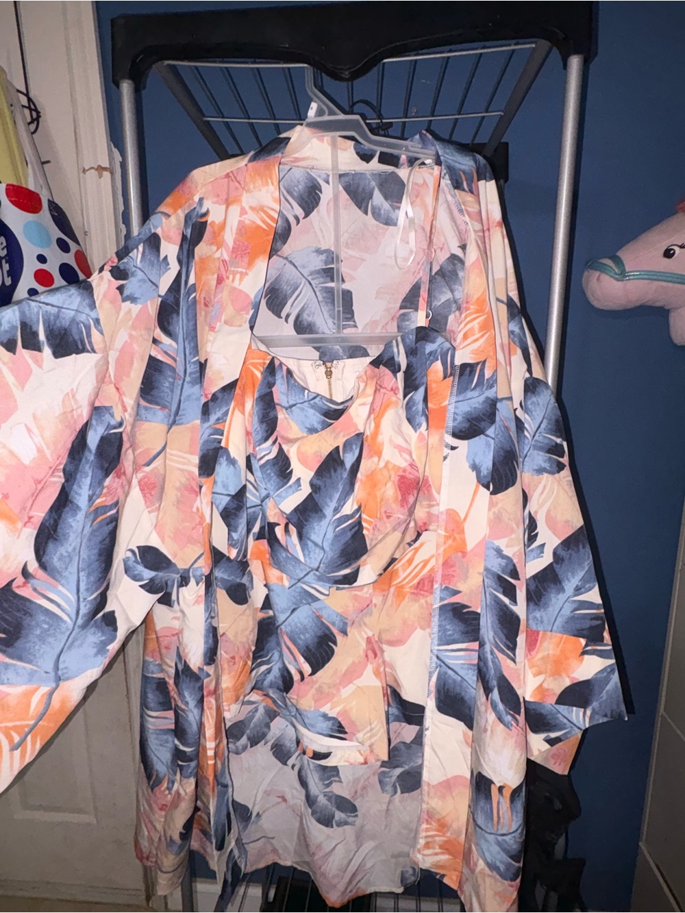 Floral Leaf Print Lightweight Women’s one piece outfit- Peach & Navy